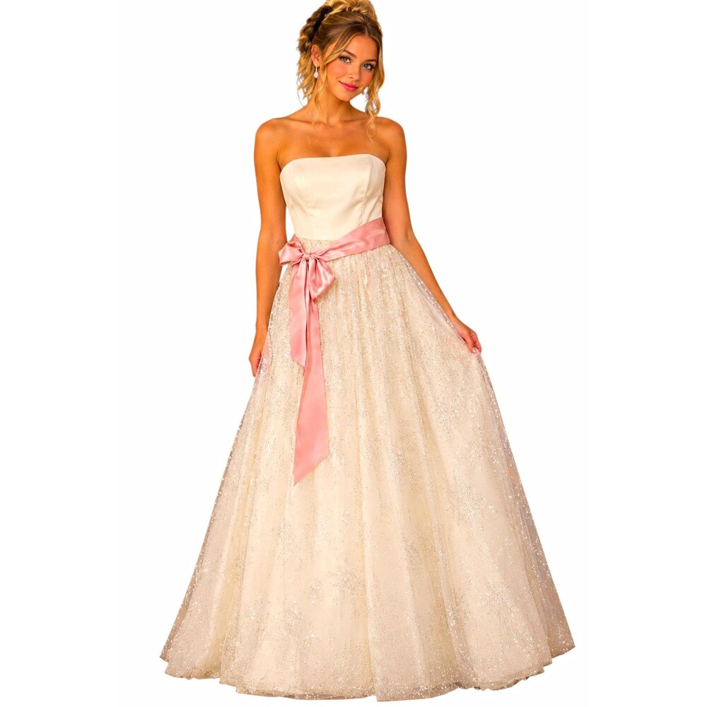 Vtg Y2K Jessica McClintock Gunne Sax Strapless Gown Cream Glitter Tulle Pink 3